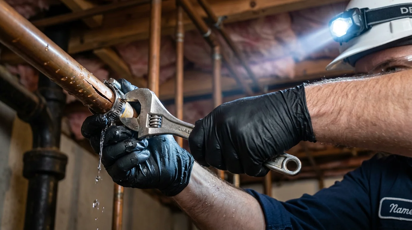 Emergency pipe clamp repair being performed by a Johns Plumbing LLC plumber in Macclenny